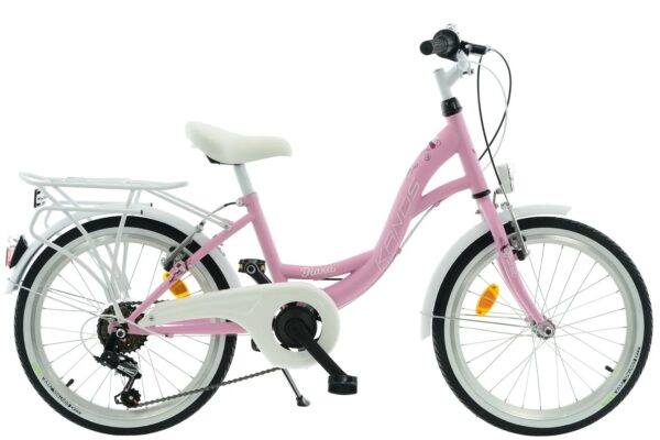 Rosa barncykel med vit sadel och ram.