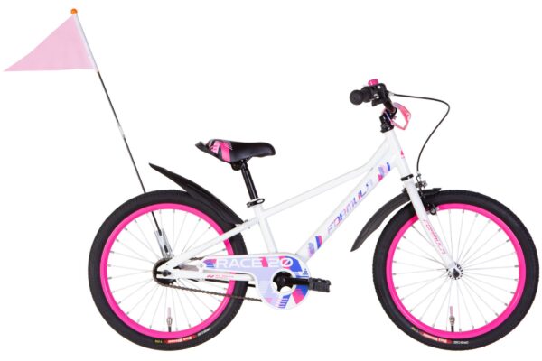 Vit barncykel med rosa detaljer och flagga