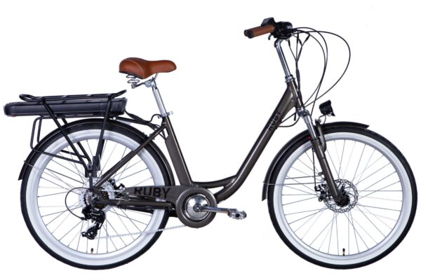 Brun elektrisk cykel med pakethållare och skivbroms