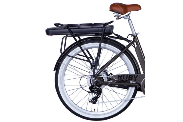 Elcykel bakhjul med batteri och brunt säte