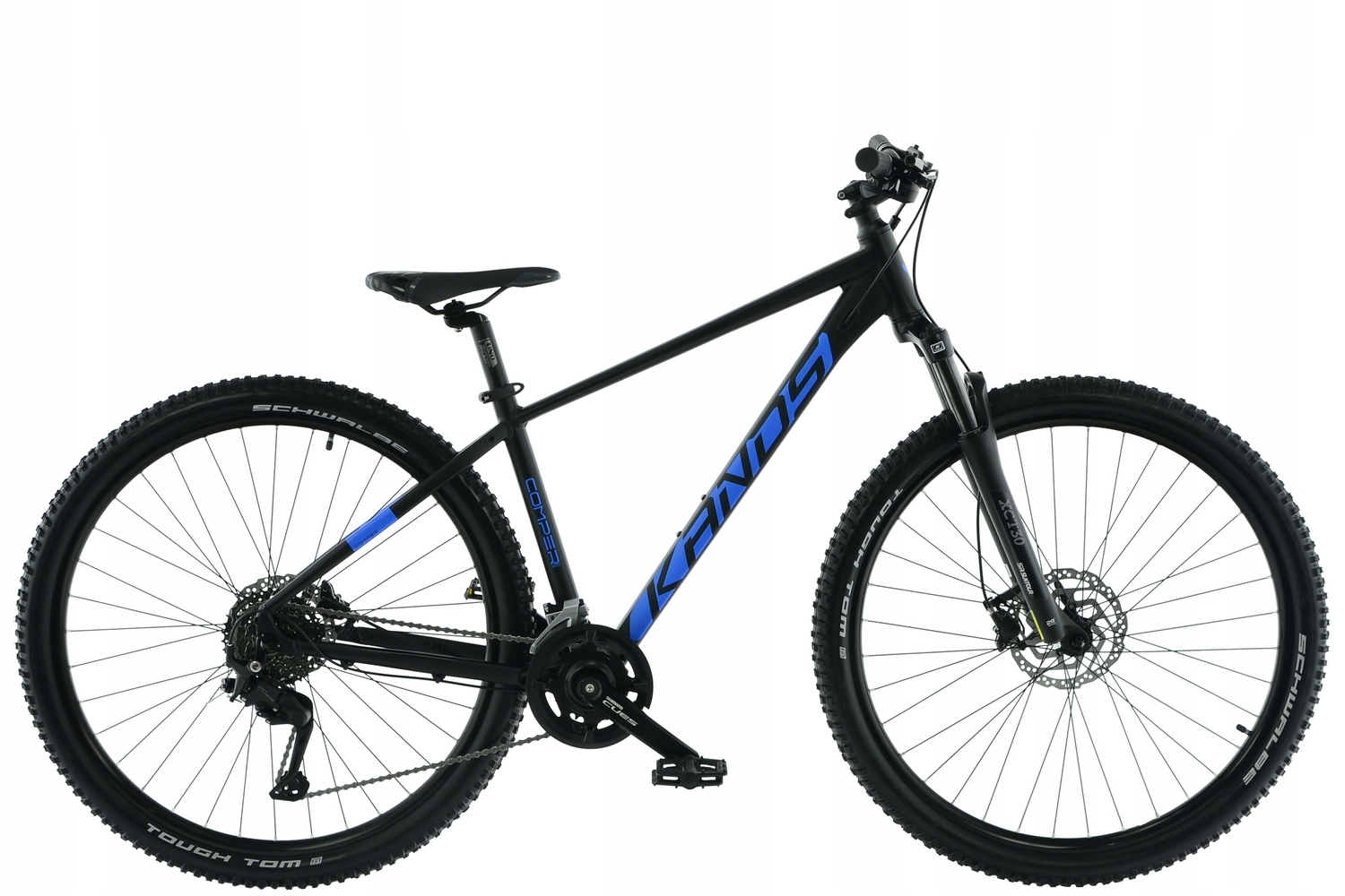 Svart mountainbike med blå detaljer, sidovy.