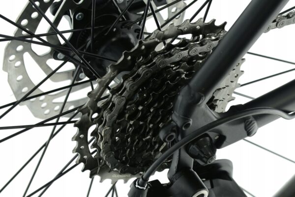 Närbild av cykelväxelsystem och skivbroms