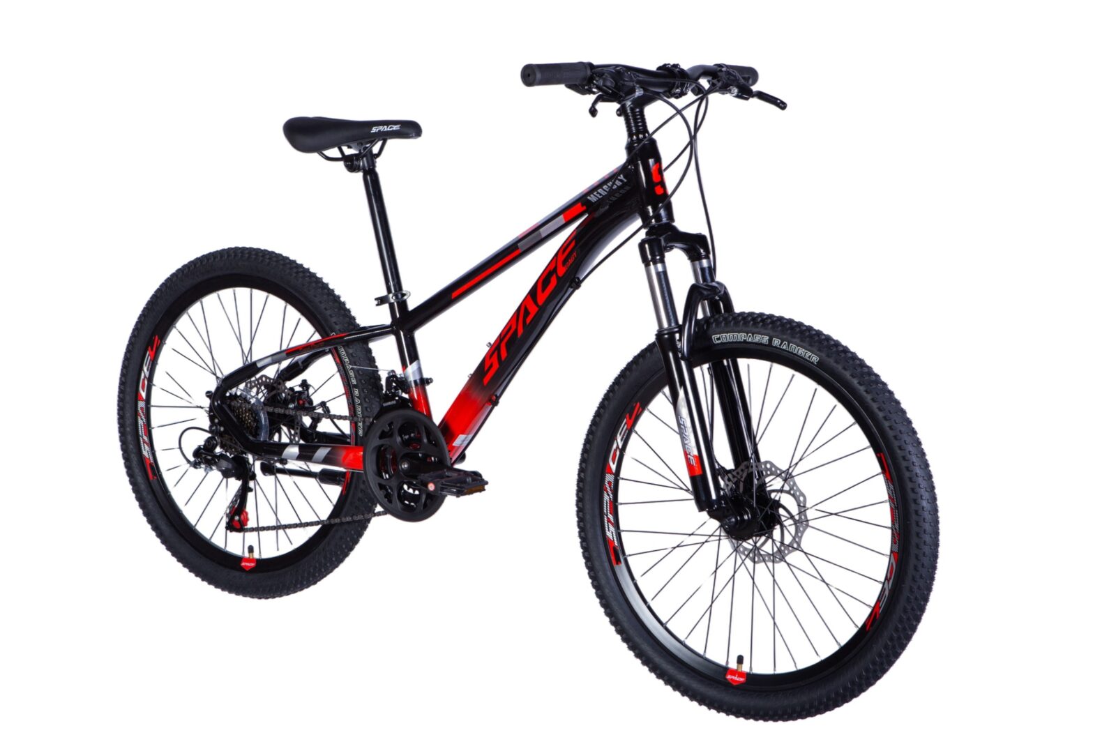Röd och svart mountainbike med kraftiga däck