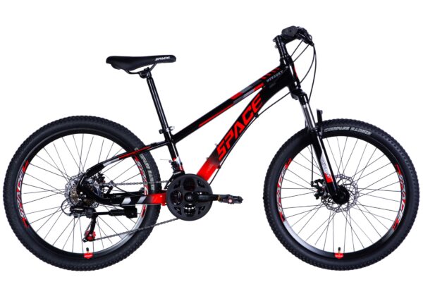 Röd och svart mountainbike med kraftiga däck