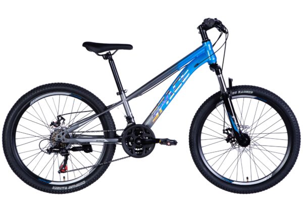 Blå och grå mountainbike på vit bakgrund.