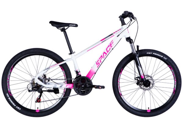 Mountainbike i vitt och rosa färgschema