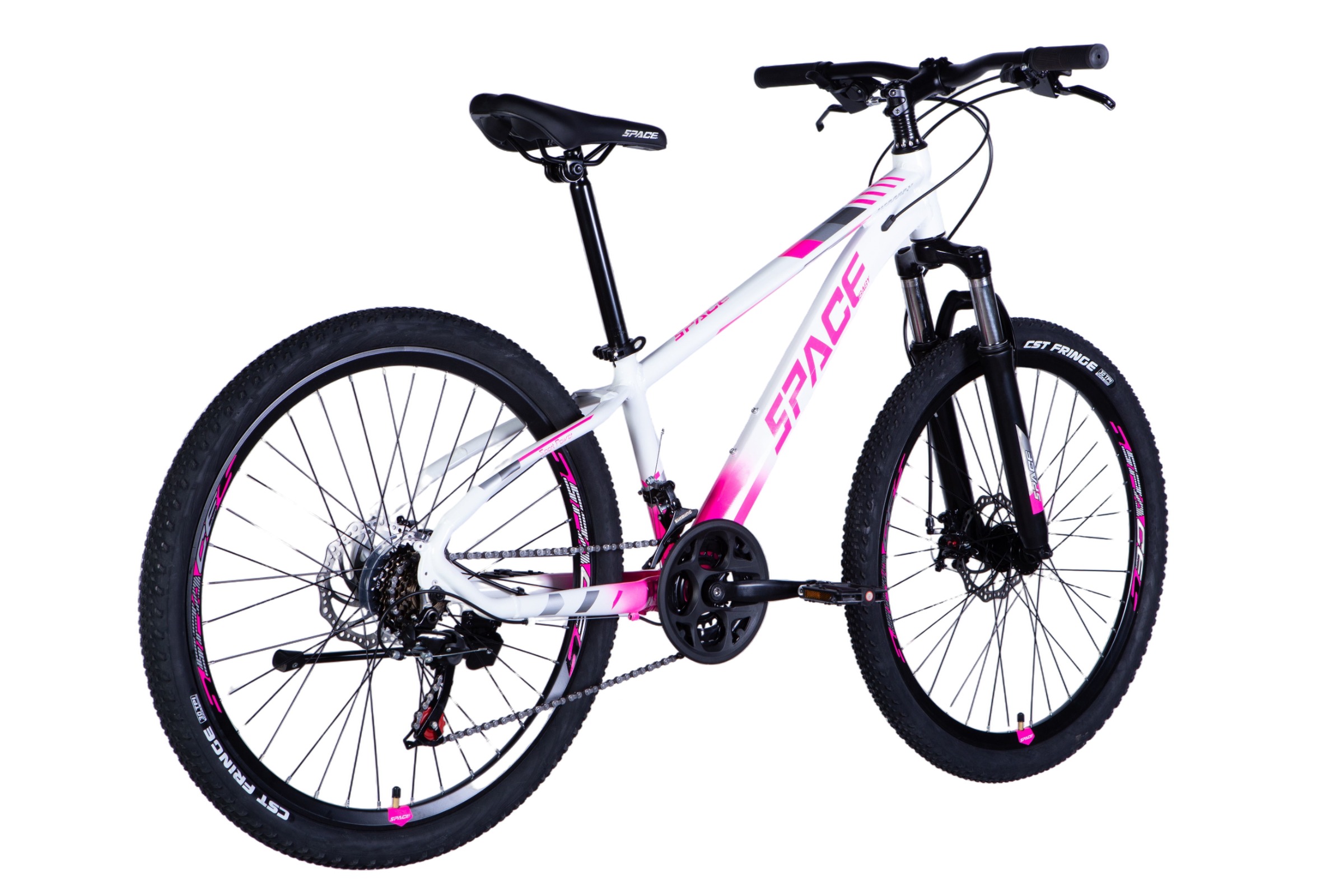 Vit och rosa mountainbike för terrängcykling.