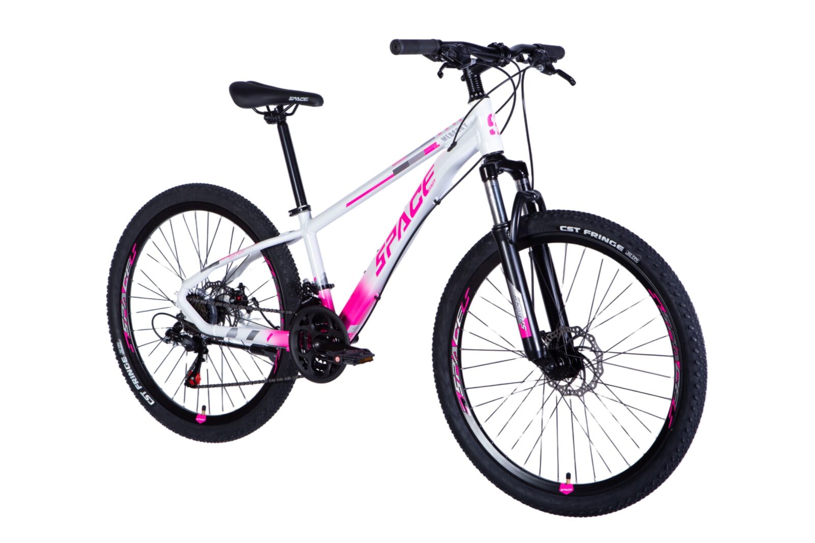 Vit och rosa mountainbike på vit bakgrund.