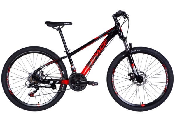 Svart och röd mountainbike med stora däck