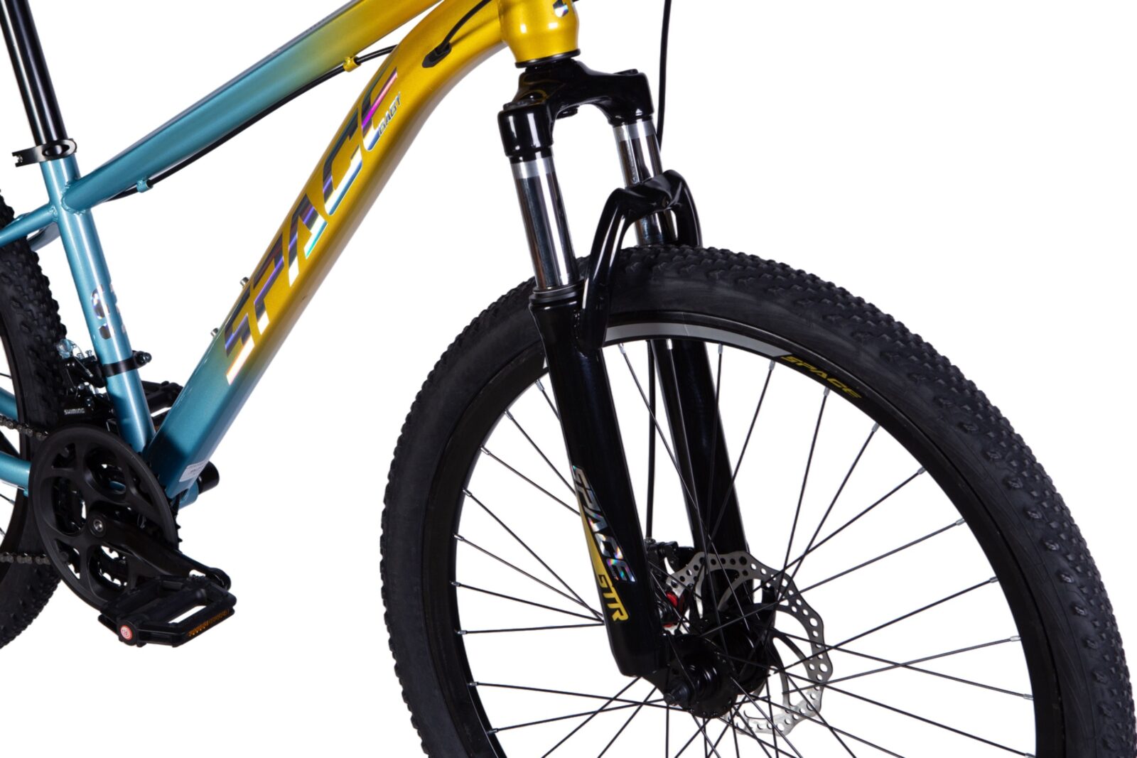 Färgglad mountainbike med svart framhjulsfjädring
