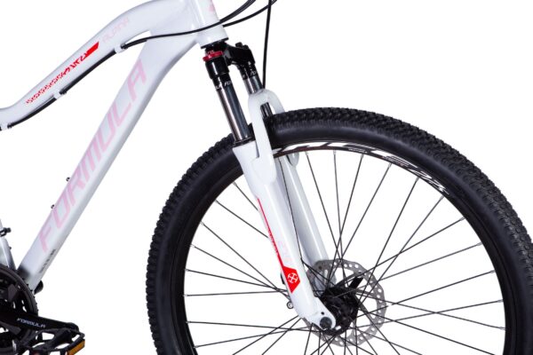 Vit mountainbike med svart däck och skivbroms.