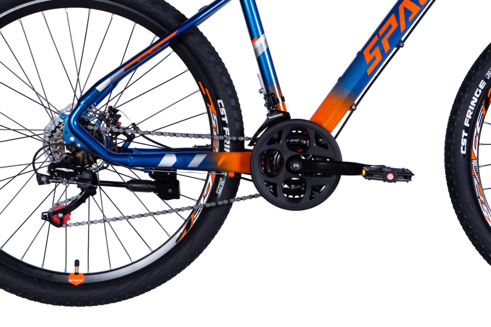 Mountainbike med orange och blå färgschema