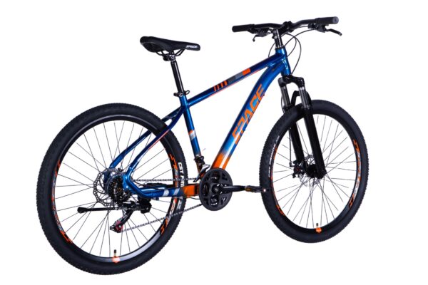 Blå-orange mountainbike med tjocka däck