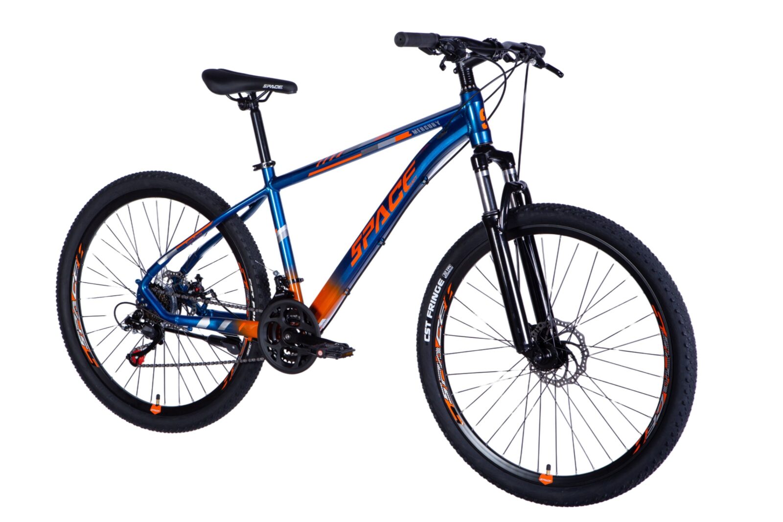 Blå och orange mountainbike med skivbromsar.