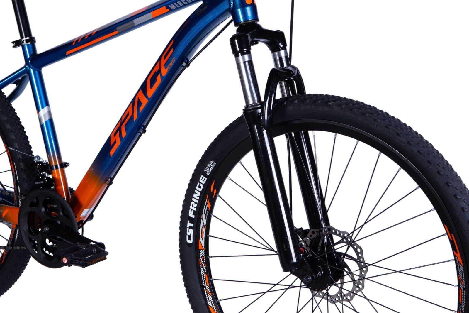 Blå och orange mountainbike framdel