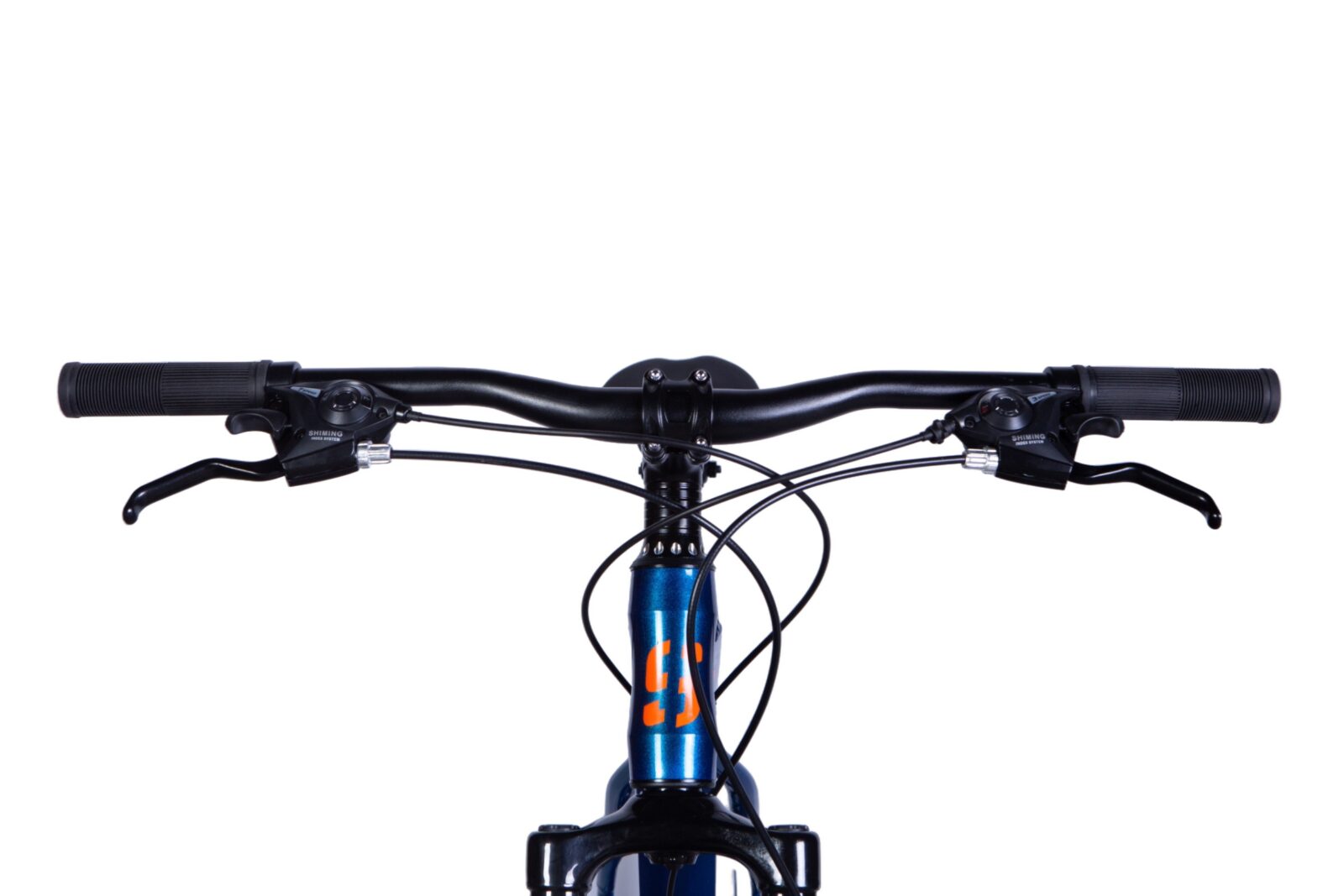 Cykelstyre med bromsar och växlar, närbild framifrån.