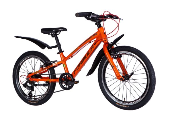 Orange cykel med svarta detaljer och röd kabel