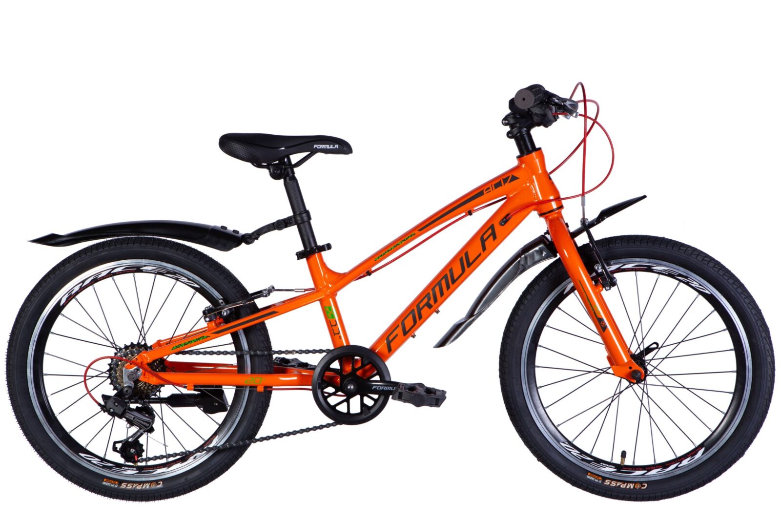 Orange cykel med svarta detaljer och däck.