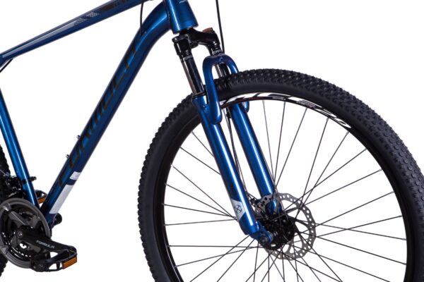 Blå mountainbike med skivbromsar och terrängdäck