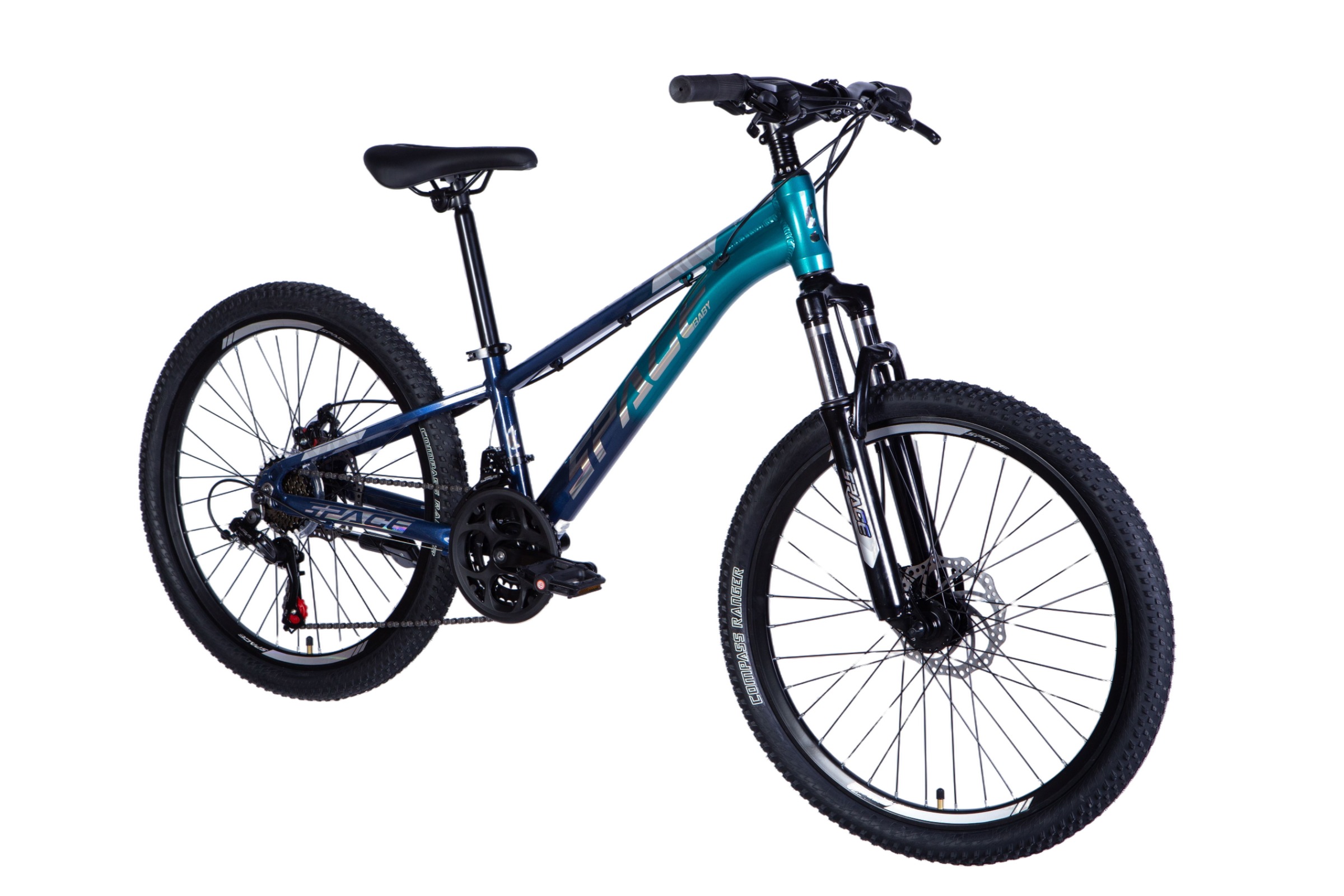 Blå och svart mountainbike med grova däck