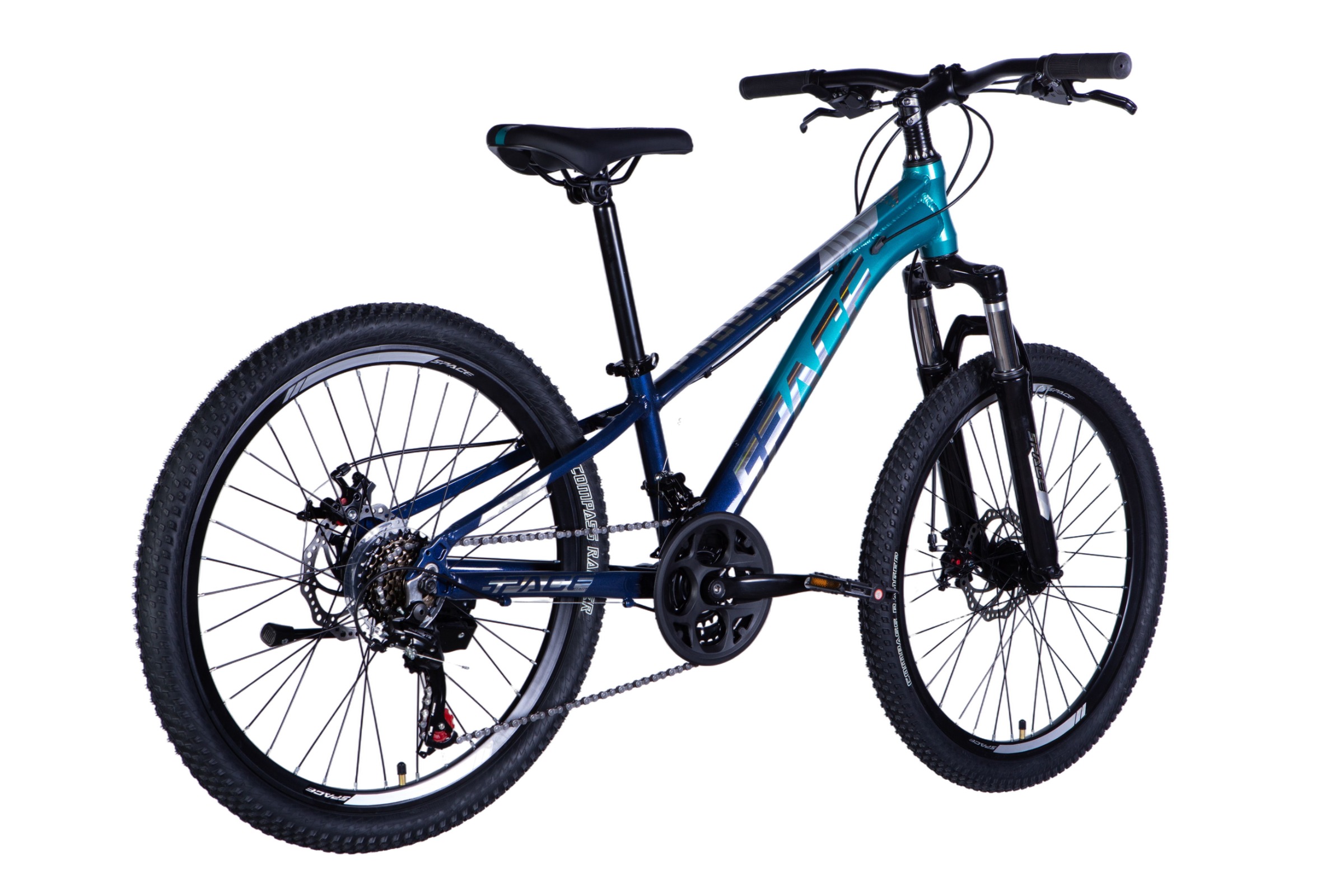 Blå mountainbike med breda däck