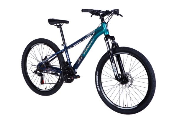 Blå och svart mountainbike med en robust design.