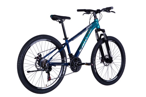 Blå och svart mountainbike för äventyr och träning.