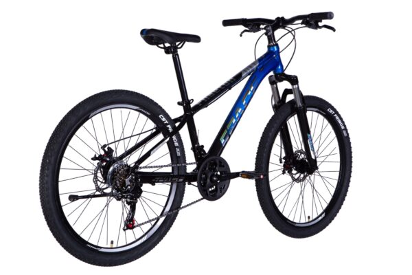 Svart mountainbike med blå detaljer