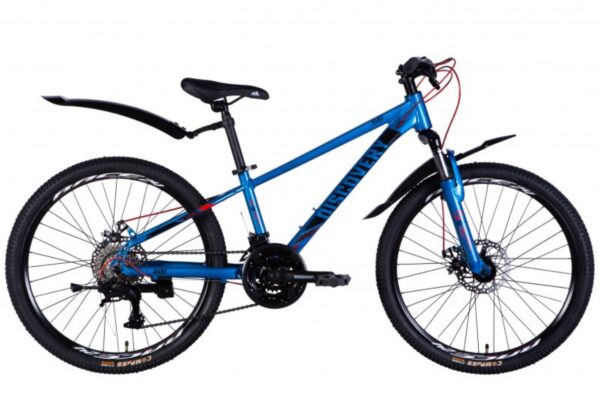 Blå terrängcykel med svarta hjul och röda detaljer.