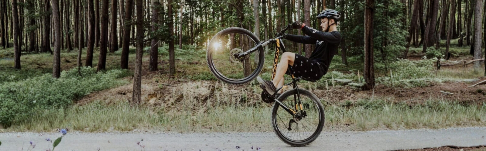 Cyklist gör ett trick i skogen, solnedgång.