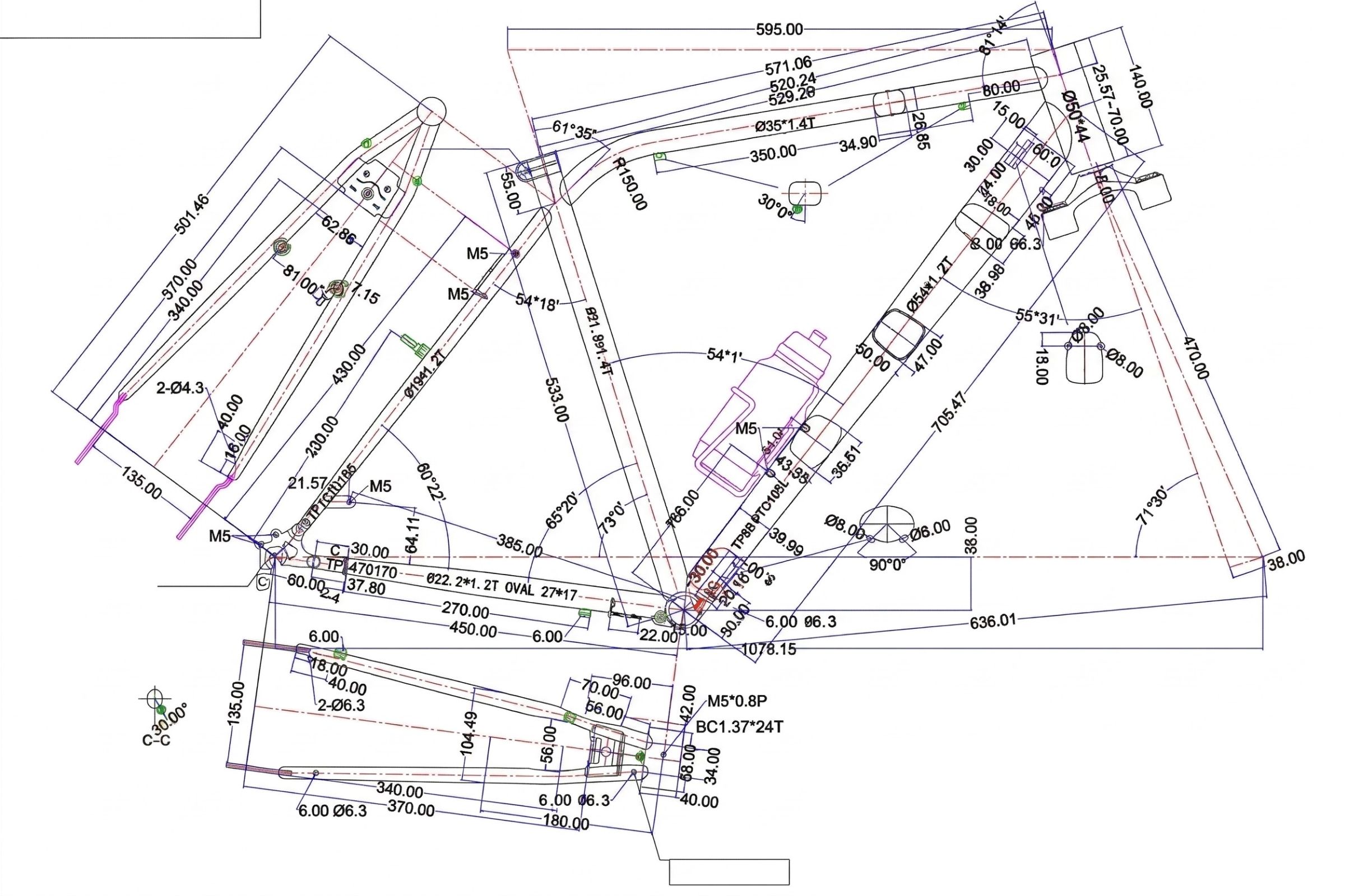 Detaljerad ritning med mått och komponenter.