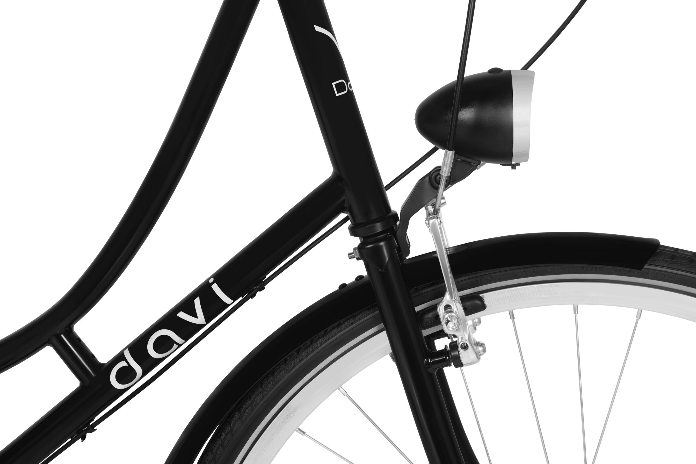 Svart cykeldetalj med framlykta och bromsdelar.