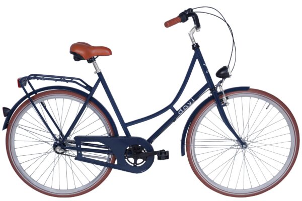 Blå damcykel med bruna detaljer och pakethållare.