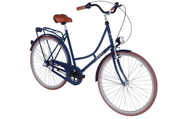 Blå cykel med bruna däck och detaljer.