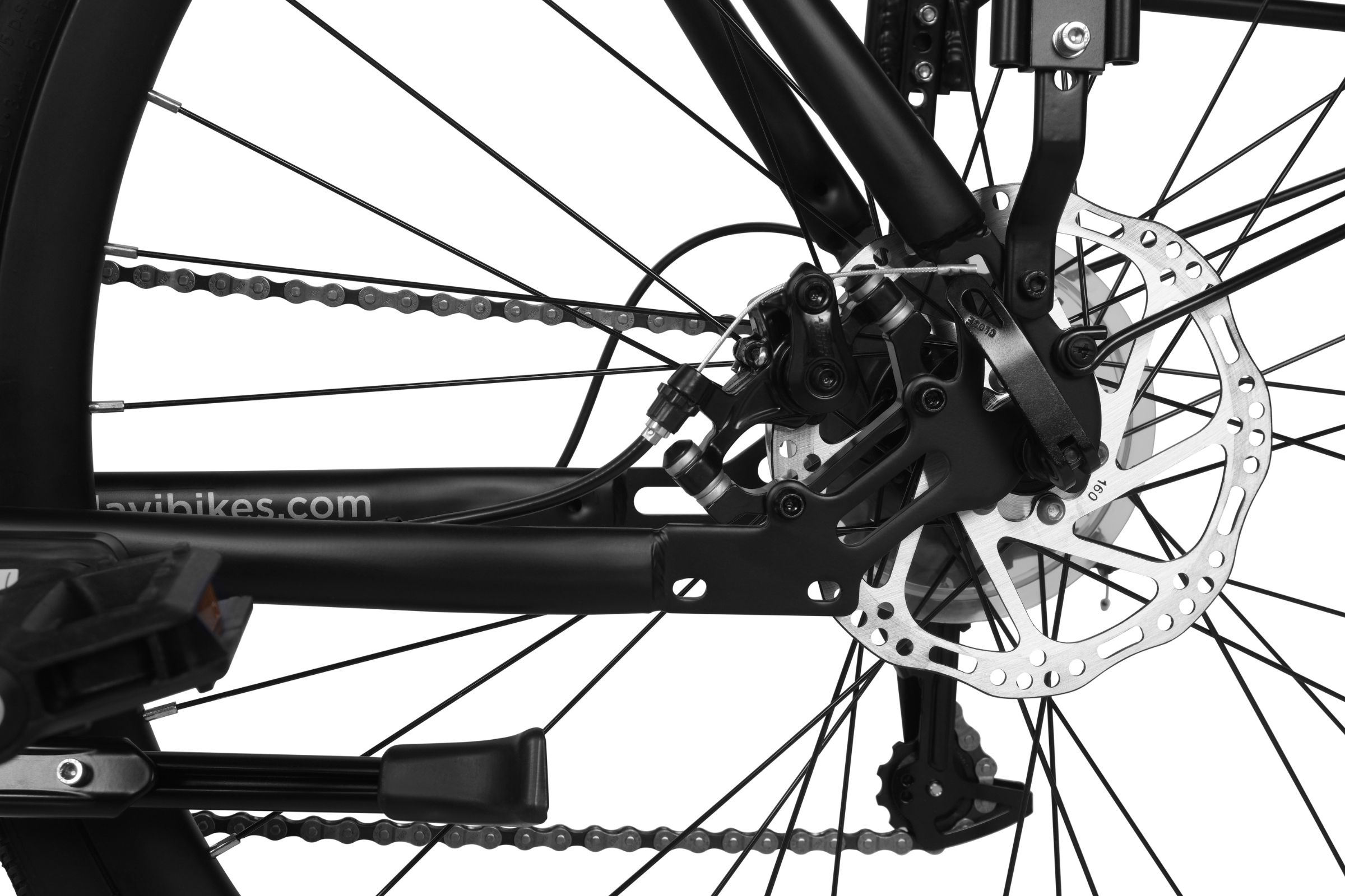 Detalj av cykelns bakhjul och bromssystem.