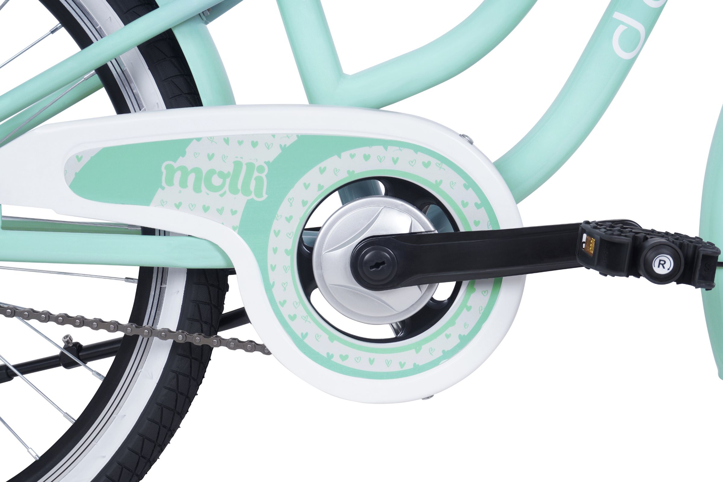 Grön cykel med synlig vevparti och kedja