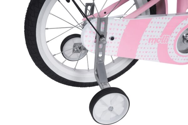 Cykel med rosa design och stödhjul.