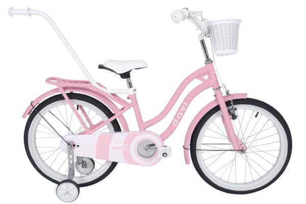 Rosa cykel med vit korg och handtag.