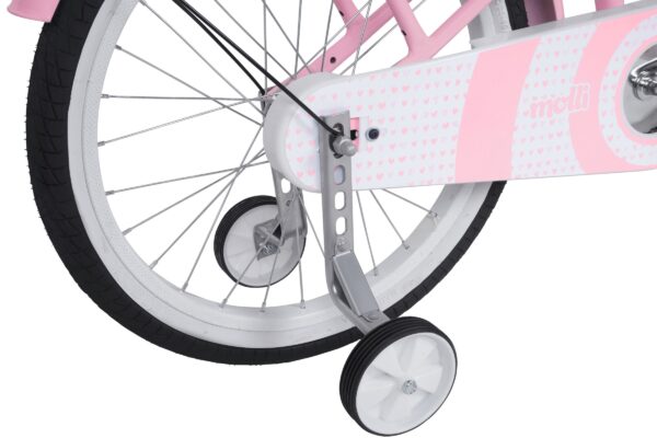 Barncykel med rosa och vita detaljer.