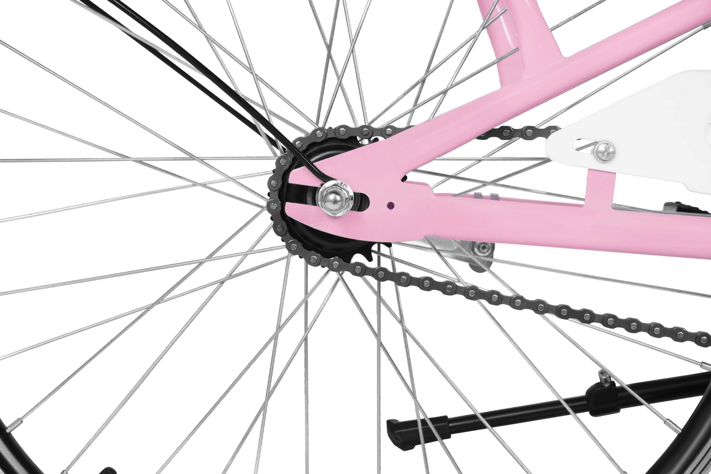 Detalj av rosa cykelram och kedja