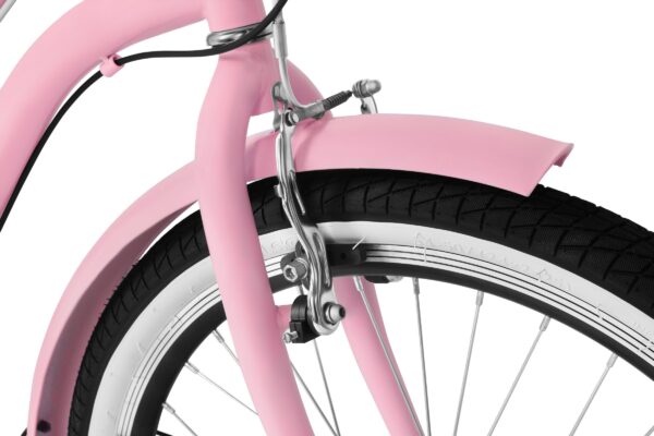 Närbild av en rosa cykel och däck.