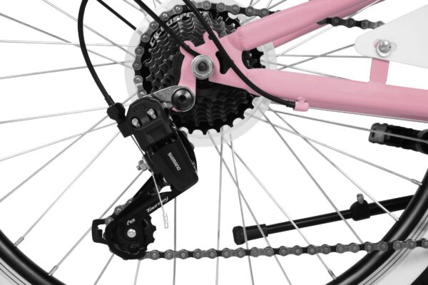 Cykelkomponenter med pink ram och växel
