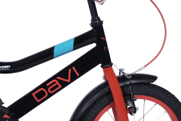 Svart och röd cykel med Davi-logotyp.