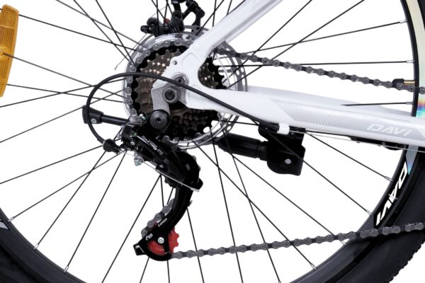 Cykelns bakhjul och växelsystem i detalj.