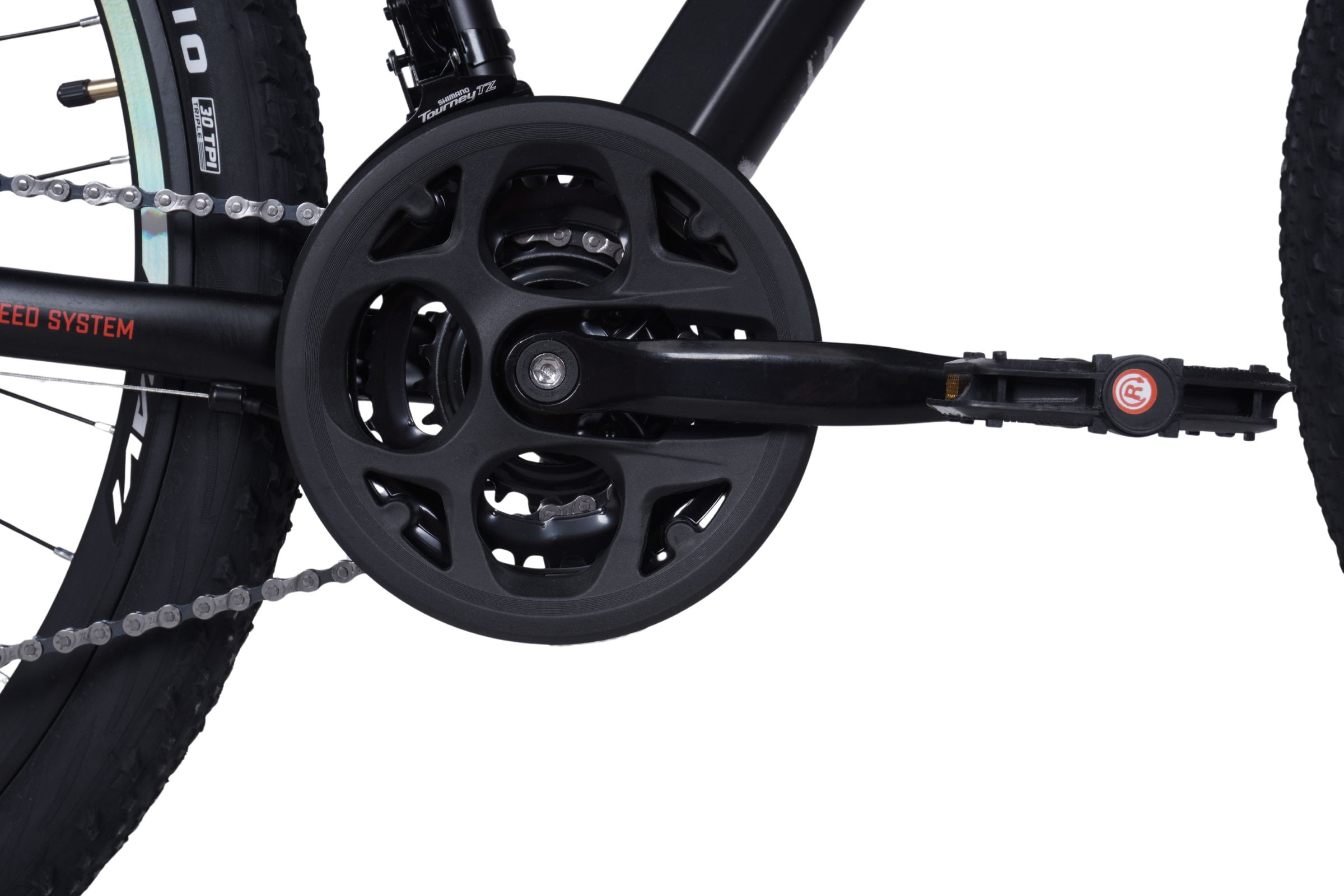 Cykelns vevparti och kedja i detalj.