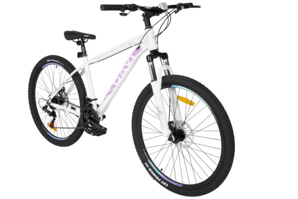 Vitt mountainbike med detaljer i lila