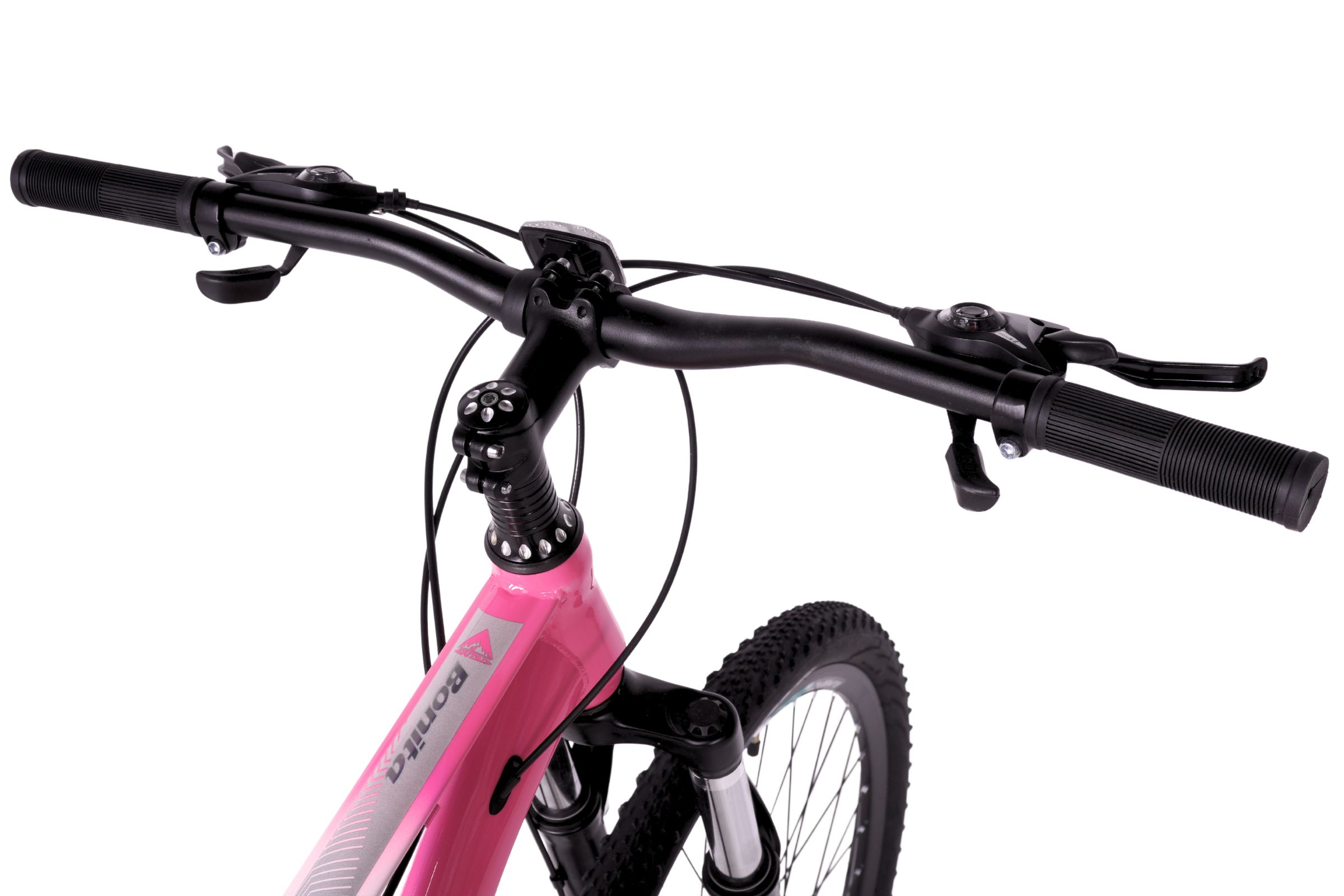 Pink mountain bike handlebars close-up