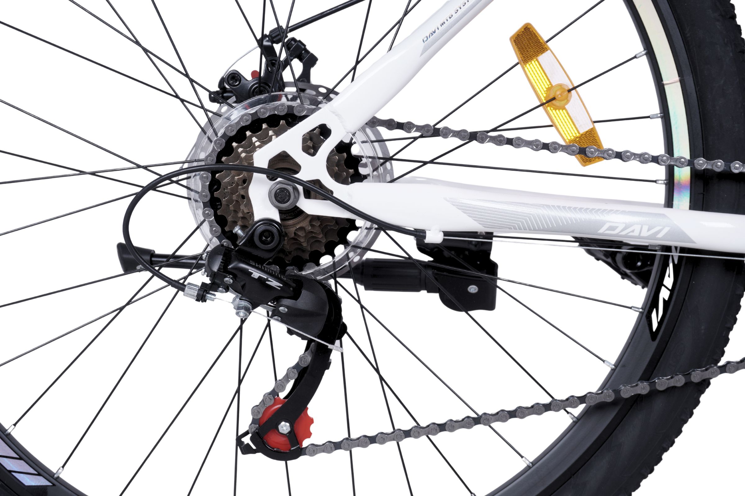 Detalj av cykelns bakhjul och växel.